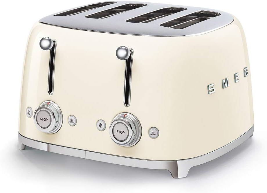 SMEG 4 Slice Toaster TSF03, Retro Stainless-Steel Toaster with Wide Slots for Bagels, 6 Browning Levels, Defrost Reheat Bagel Functions, Dual Controls, Crumb Trays, 1800W - TSF03CRUS - Cream