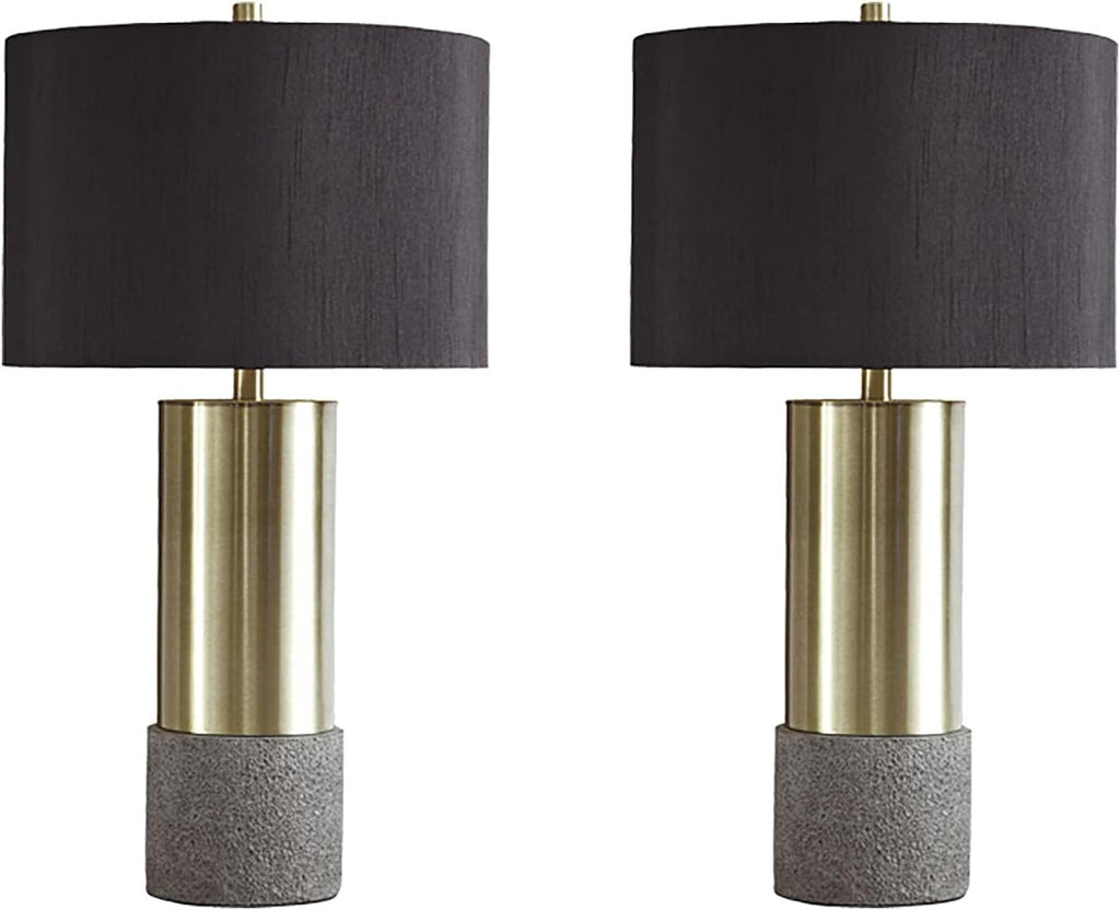 Signature Design by Ashley Jacek Contemporary Table Lamp, 2 Count, 3 Way Switch, Metal, Poly Resin and Drum Shade, 15' W x 15' D x 27.25' H, Gray & Brass Finish