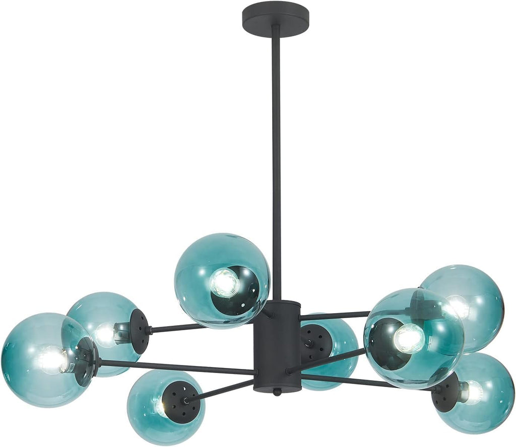 Glass Globe Chandelier Mid Century Modern Pendant Lights Black Ceiling Hanging Light Fixture with Blue Glass Shade Sputnik Chandeliers for Kitchen Island Living Dining Bedroom (Blue)