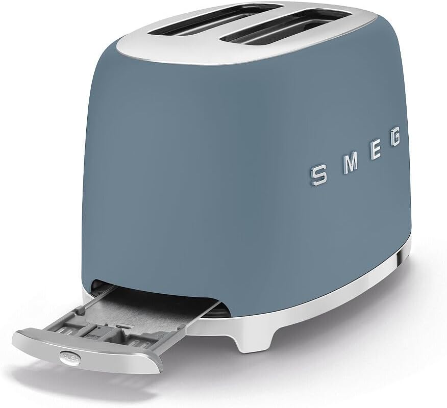 Smeg 50's Retro Style 2-Slice Toaster, 6 Browning Levels, Toast 1 Side, Reheat or Defrost, Removable Stainless Steel Crumb Tray, Matte Storm Blue, TSF01SBMUS