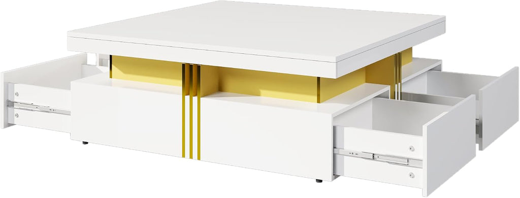 Merax 43.3' Modern Glossy Square Storage Coffee Table with 4 Drawers, Gold Accents, Functional Center Tables for Living Room Apartment, Glossy White
