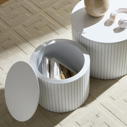 Nesting Coffee Table Set of 2, Modern Round Side Table with Storage & Wood Grain Top, for Living Room, Apartment (White, 19.17')