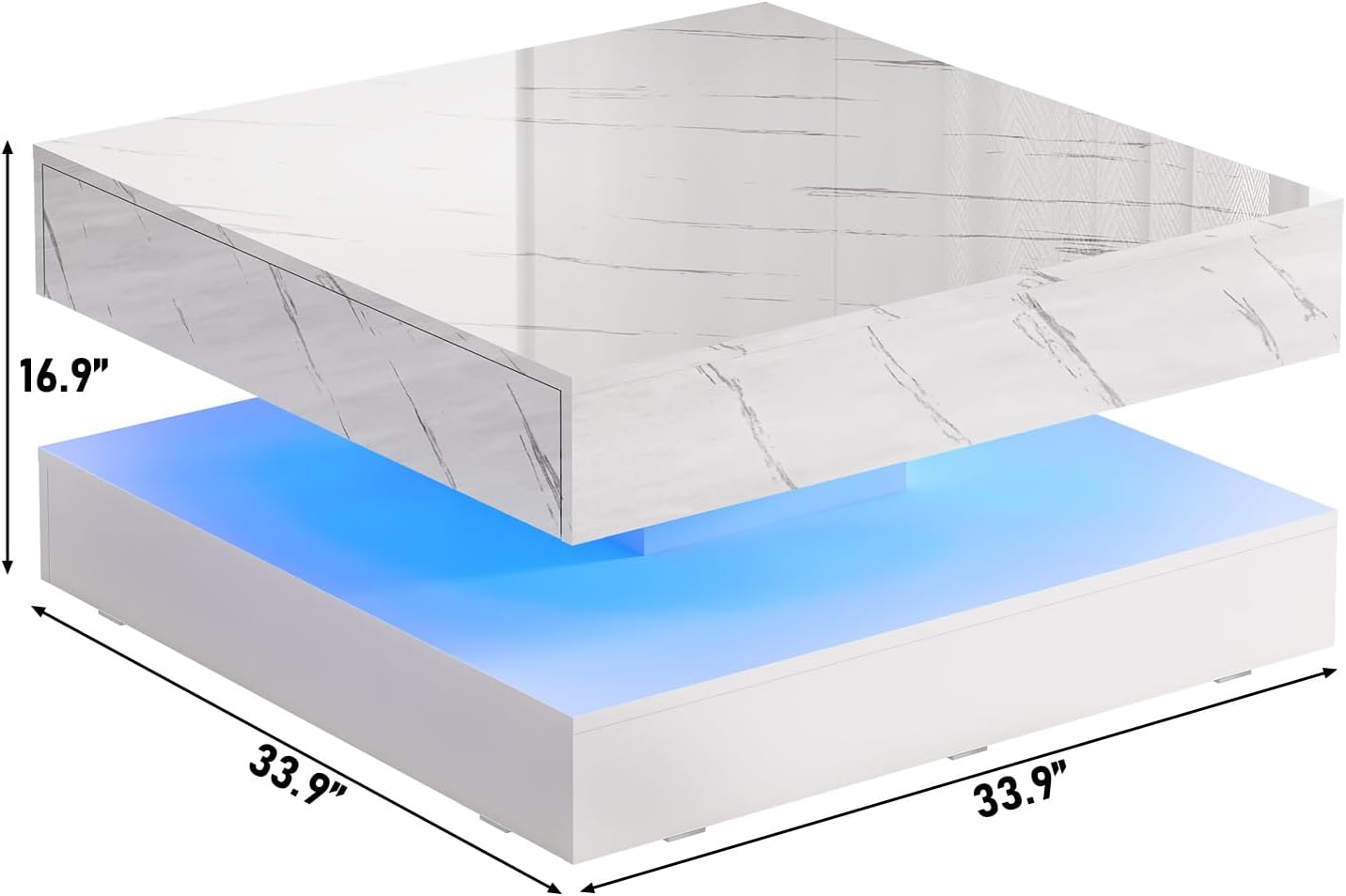 jiteentarou 33.9 Inch Modern LED Coffee Table with Storage - High Gloss Black Square Center Table with 2 Drawers, Double-Layer Design for Living Room, Home Office Furniture,White Marble