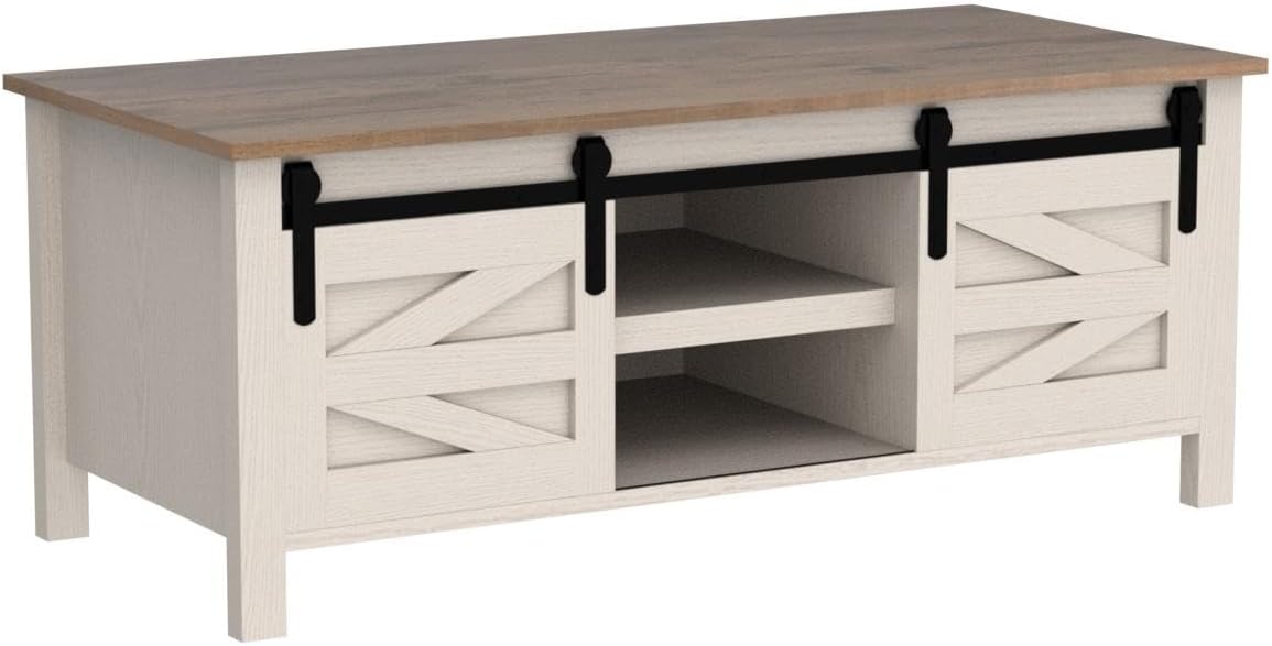 Furmax Coffee Table with Storage and Sliding Barn Doors, Farmhouse Living Room Table with Adjustable Shelves, Wood Rustic Center Table for Home Living Meeting Room (Antique White)