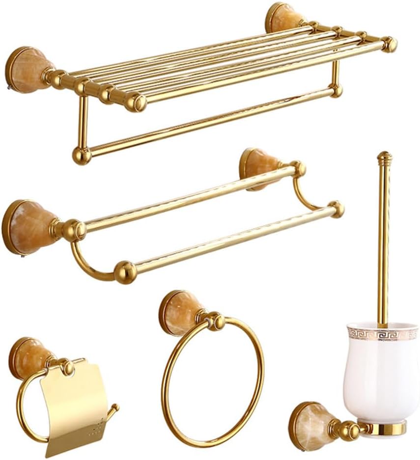 Bathroom Hardware Set,Towel Rack Set,Brass Bathroom Accessories Set,Gold Marble Decorate Bath Towel Rack Wall Mounted Elegant Hotel Metal Towel Rack,5 Piece Set b