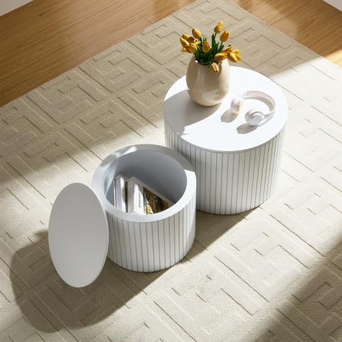 Nesting Coffee Table Set of 2, Modern Round Side Table with Storage & Wood Grain Top, for Living Room, Apartment (White, 19.17')