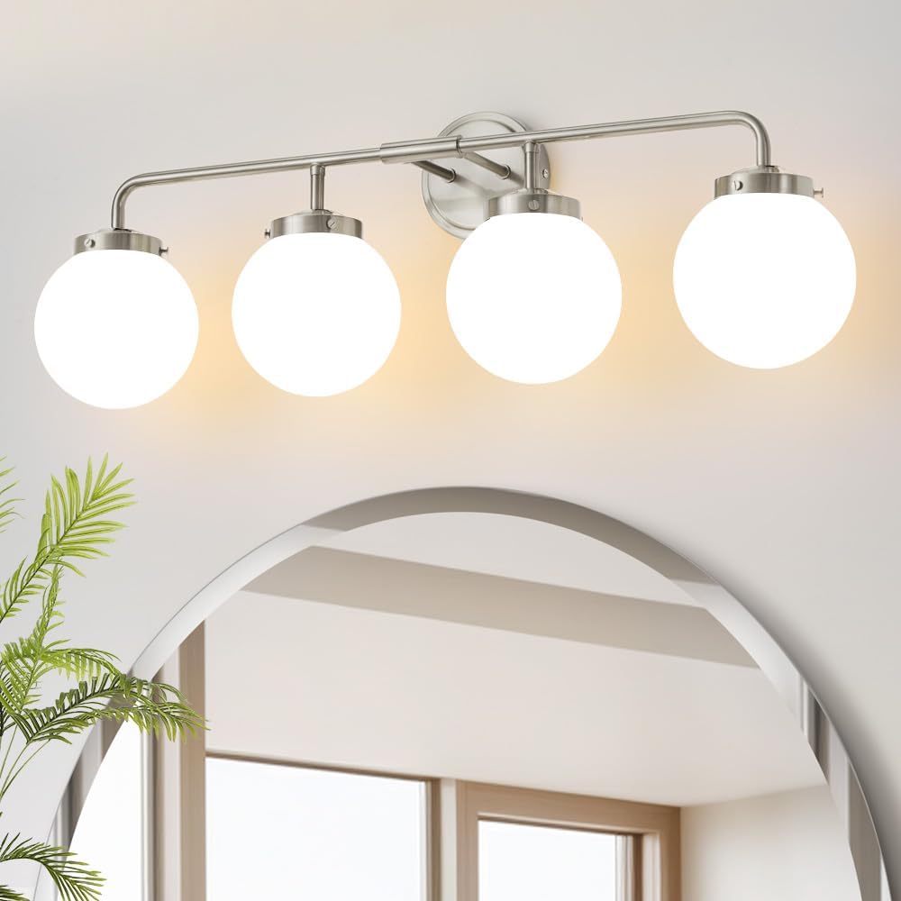 Bathroom Light Fixtures Over Mirror, Brushed Nickel Modern Vanity Lighting with Milk White Glass Globe Shades 4-Light Farmhouse Wall Sconce