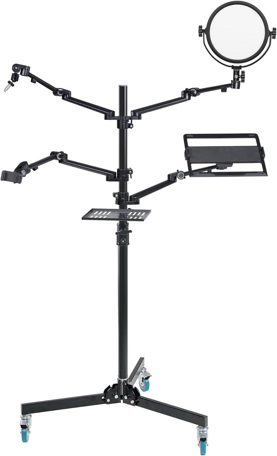 GVM 5-in-1 Movable Live Streaming Floor Stand Kit with Wheels, Overhead Camera Mount with 10' LED Key Light/Mic Boom Arm/Tablet Laptop Phone Stand/Tray for Live Broadcast Podcast Video Recording Game