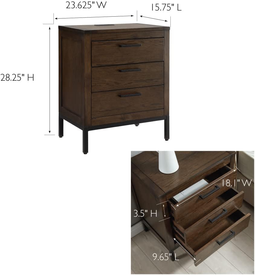 Leick Home Tableau Nightstand Side Table with Drawer and Lower Cabinet Rustic Modern – USB-C Fast Charging Station – Durable Solid Wood – Living Room, Bedroom, Office, Distressed Riverstone, 9076