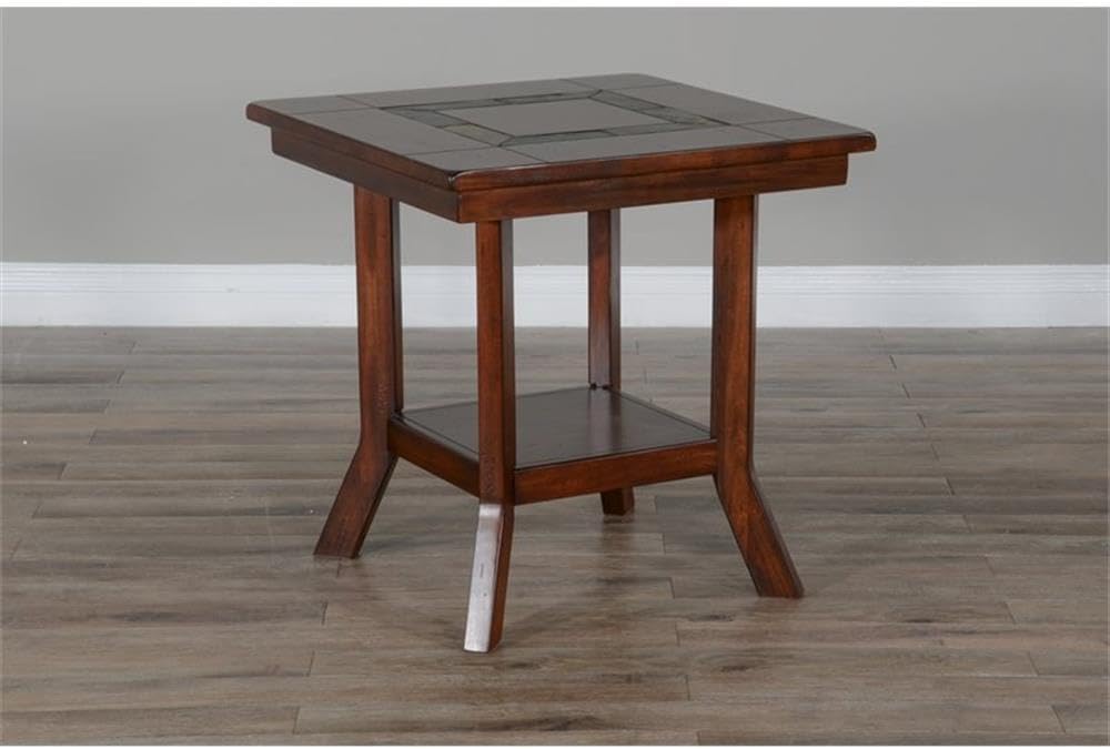 Pemberly Row Traditional Wood End Table, 25' Tall, Dark Chocolate Finish, Slate Inlay Top, Distressed Mahogany Solids and Veneers, 1 Shelf, Simple Assembly, Accent Table for Living Room or Bedroom Use