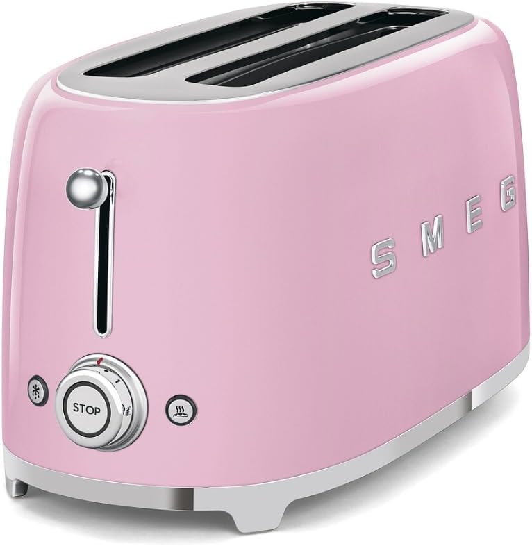 SMEG 4 Slice Toaster TSF02, Long Slot Toaster with Wide Slots for Bagels & Artisan Bread, Retro Stainless Steel, 6 Browning Levels, Defrost Reheat Bagel Functions, 1400W - (Pink)