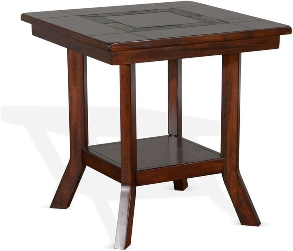 Pemberly Row Traditional Wood End Table, 25' Tall, Dark Chocolate Finish, Slate Inlay Top, Distressed Mahogany Solids and Veneers, 1 Shelf, Simple Assembly, Accent Table for Living Room or Bedroom Use
