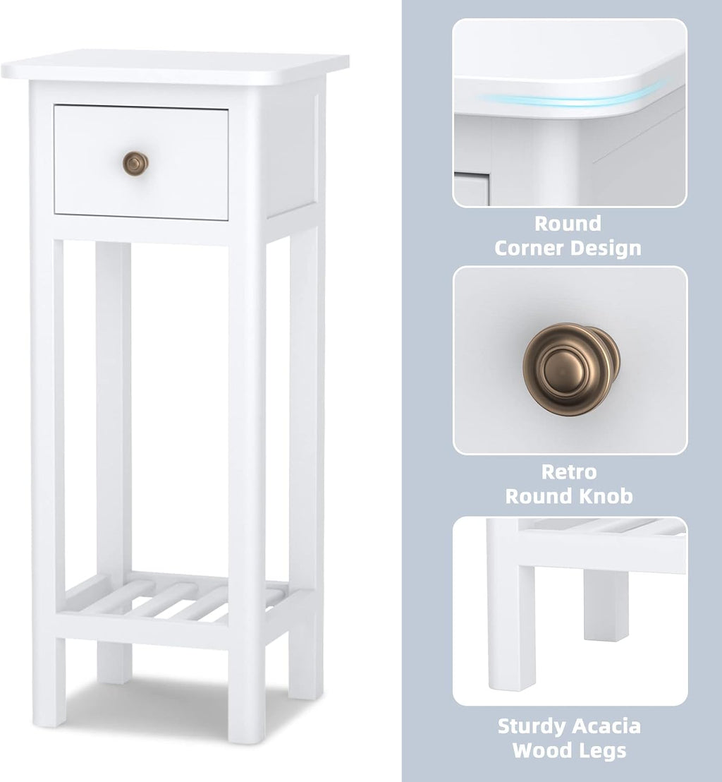 Giantex Tall End Table Set of 2, Narrow Side Table with Drawer and Shelf, Acacia Wood Nightstand for Living Room, 2-Tier Bedside Table for Small Space, No Assembly, White