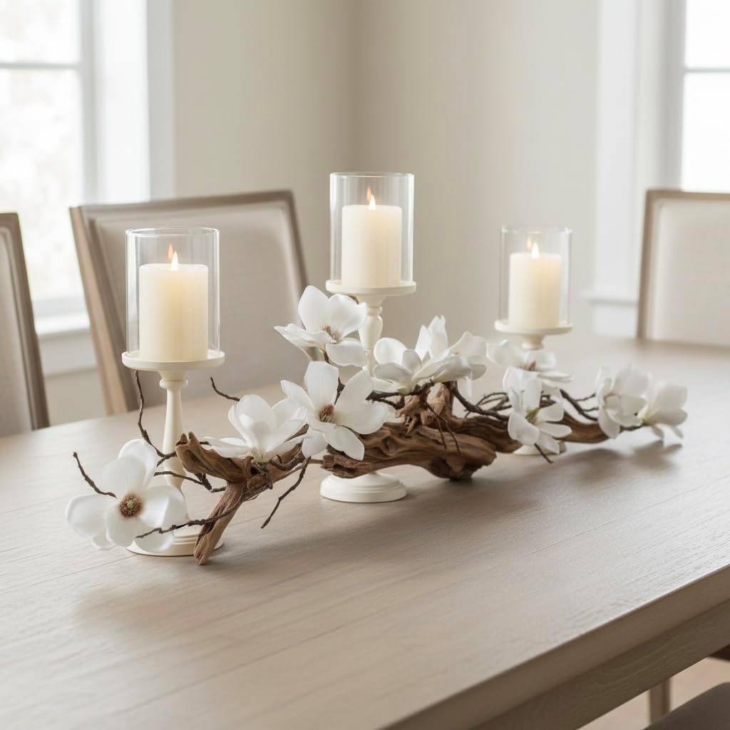 Magnolia Vine Driftwood FarmhouseTable Centerpiece - 3pc Candle Holder Set - Floral Table Decor for Dining Room, Living Room, Mantle & Weddings (Ivory)