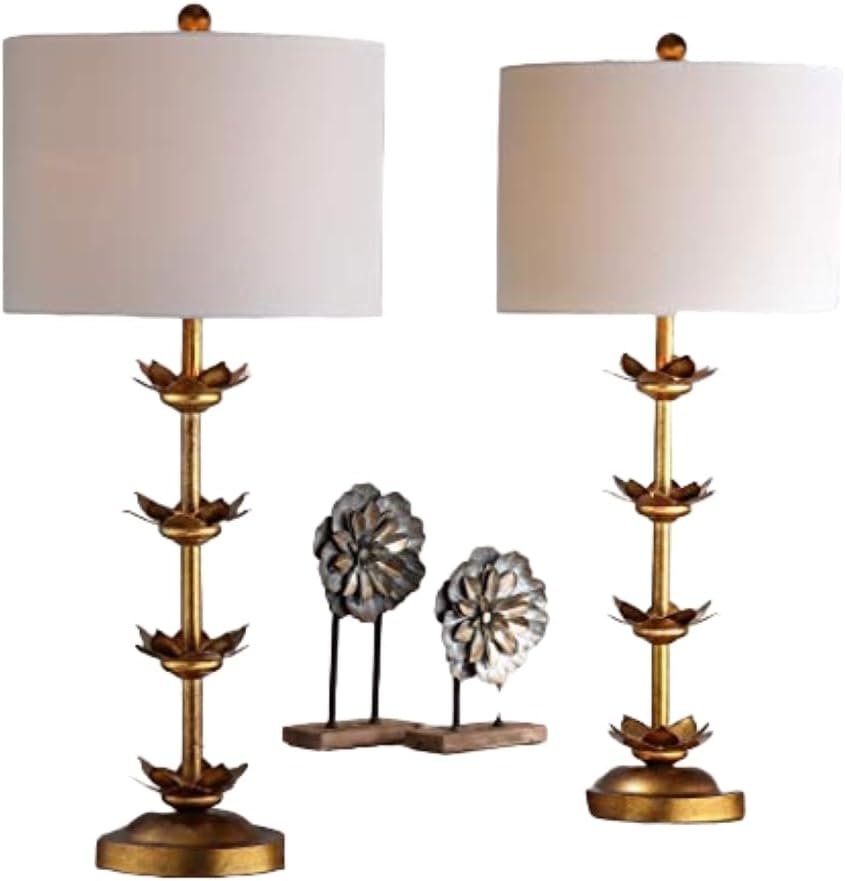 SAFAVIEH Lighting Collection – Set of 2 Lani Antique Gold Leaf 32-Inch Table Lamps, White Drum Shade, LED Bulbs Included, Bedroom Living Room Home Office (TBL4016A-SET2)