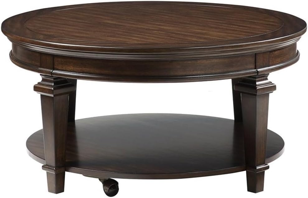 Pemberly Row 40' Round Wooden Coffee Table, Espresso Finish, Birch Veneer and MDF, Open Bottom Shelf, Casters for Easy Movement, Traditional Style Living Room Furniture