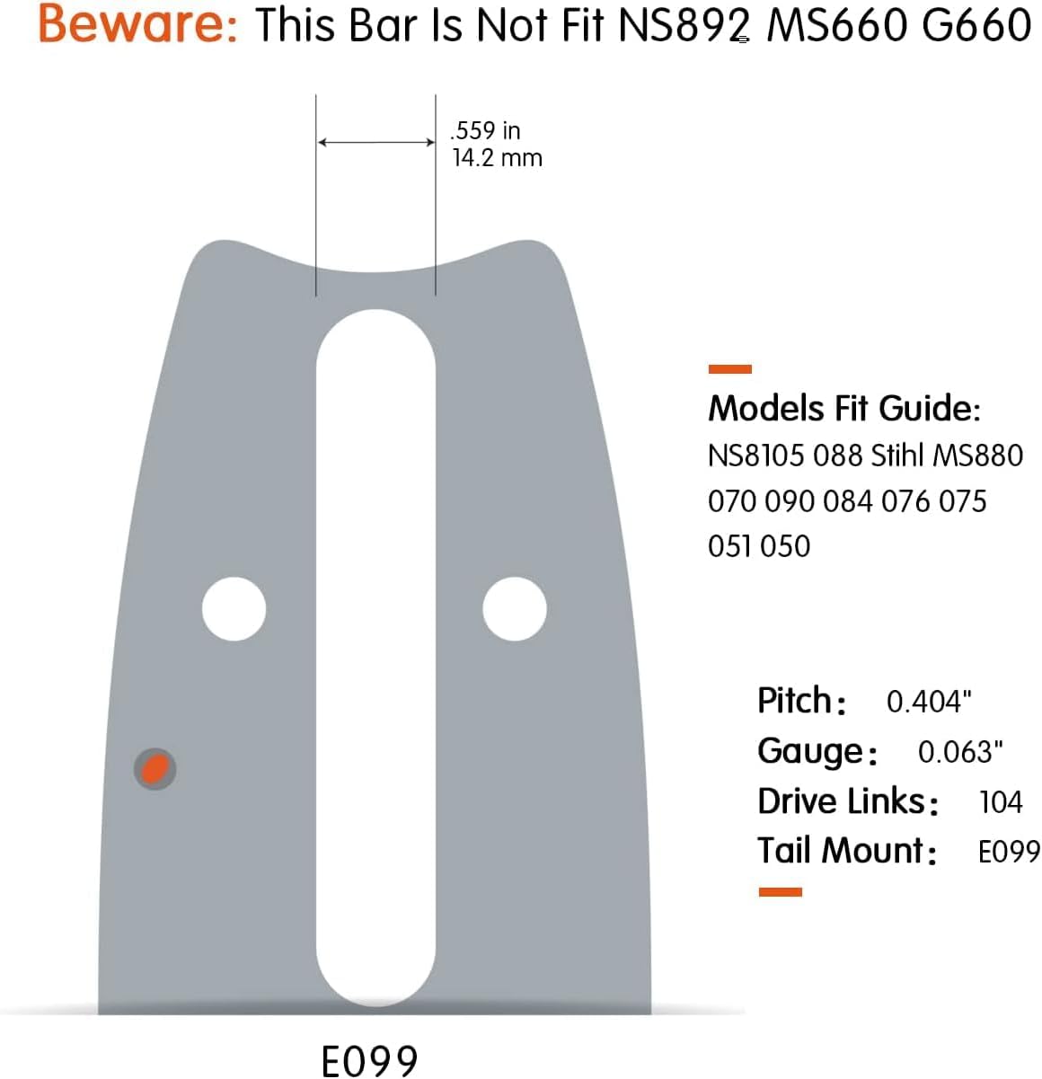 NEO-TEC 36 Inch Chainsaw Guide Bar Chain Combo 0.404 Chain Pitch 0.063 Gauge 104 Drive Links for Stihl 105cc MS070 NS8105 G070 MS880 MS090 for Oregon 363DXLLE099 for Stihl bar 3002 001 8052