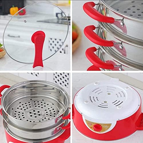3-Tier Stainless Steel Electric Food Steamer with Glass Lid & Silicone Handle - Multi-Function Cooking Appliance for Healthy Meal Prep & Food Warmer - Red