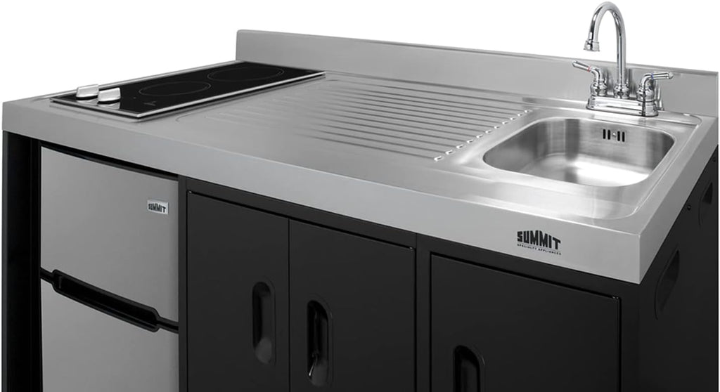 Summit Appliance CK54SINKR 54' Wide All-In-One Kitchenette, Stainless Steel Sink and Faucet, 2-door Refrigerator-freezer, 2-burner Smooth-top Cooktop, Indicator Lights, Storage Compartments