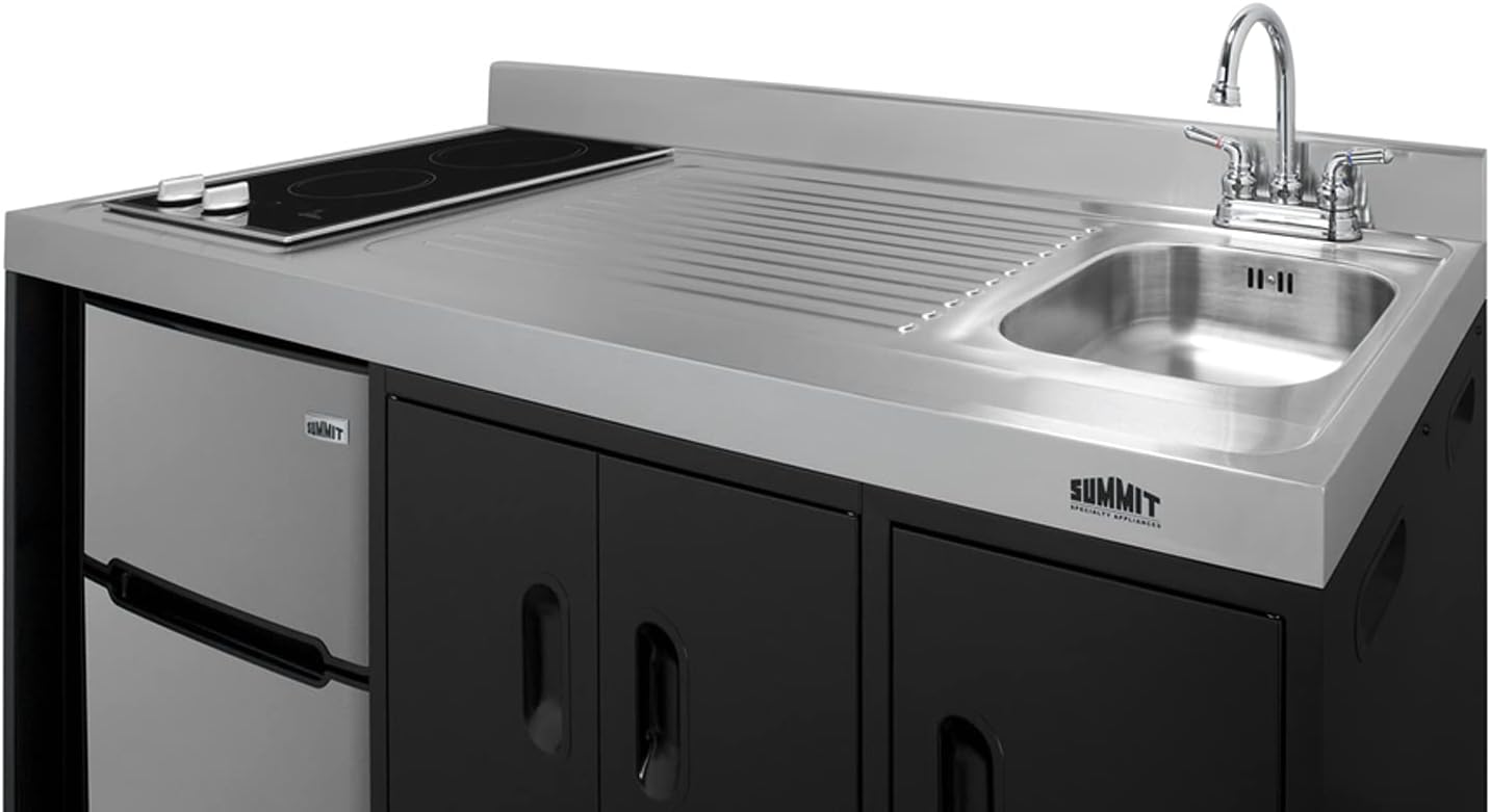 Summit Appliance CK54SINKR 54' Wide All-In-One Kitchenette, Stainless Steel Sink and Faucet, 2-door Refrigerator-freezer, 2-burner Smooth-top Cooktop, Indicator Lights, Storage Compartments