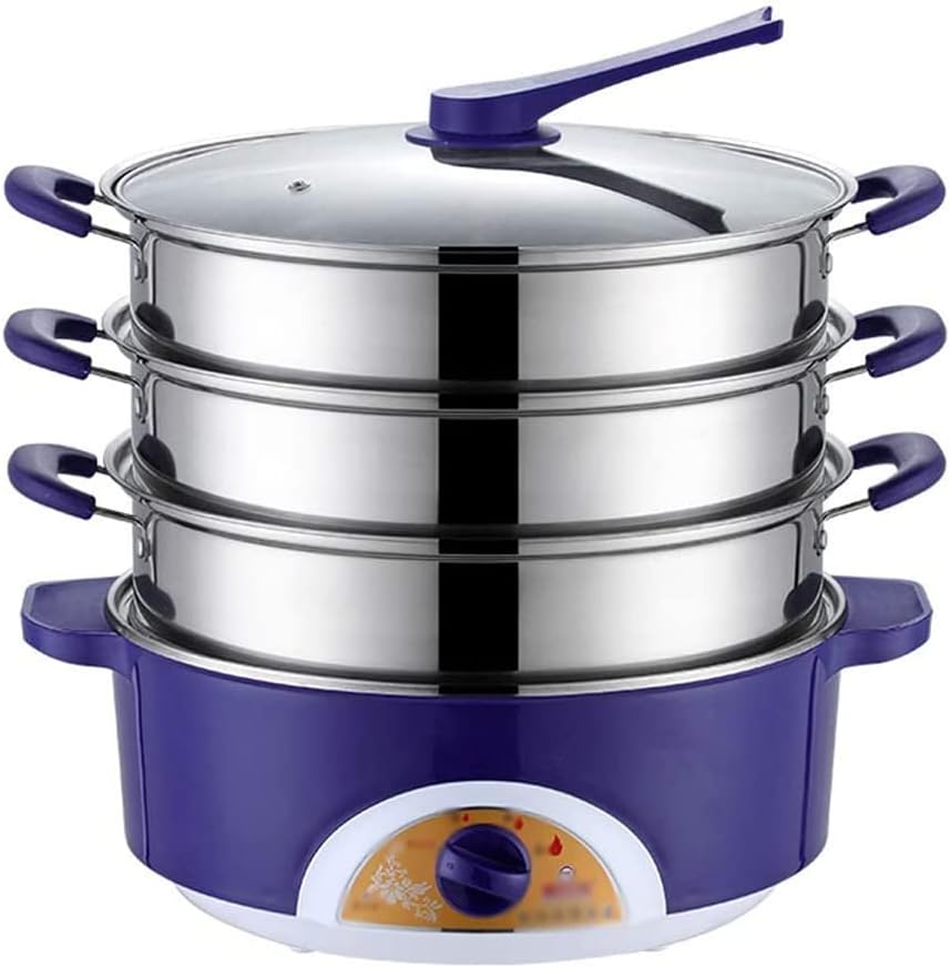 Multi-Function Electric Food Steamer, 3-Layer Stainless Steel Steamer with Glass Lid Silicone Handle for Cooking Food Warmer (Purple)