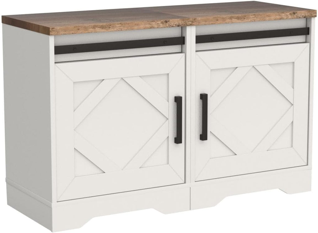 WAMPAT 24.3-inch Tall Farmhouse End Table Set of 2 with Drawer and Barn Door Cabinets for Living Room, Wood Rustic Nightstand for Bedroom,Wood Scoring-Style Purposeful Distressing,Antique White
