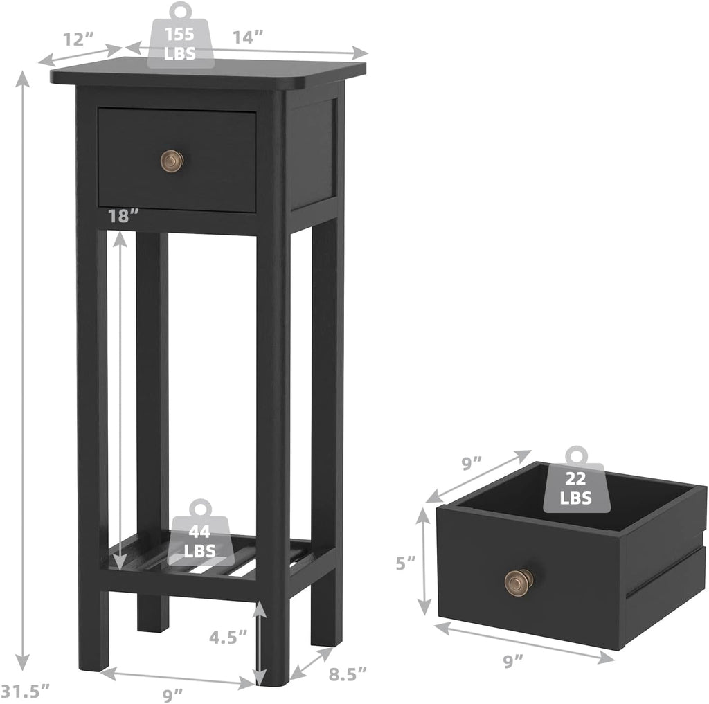 Giantex Tall End Table Set of 2, Narrow Side Table with Drawer and Shelf, Acacia Wood Nightstand for Living Room, 2-Tier Bedside Table for Small Space, No Assembly, Black