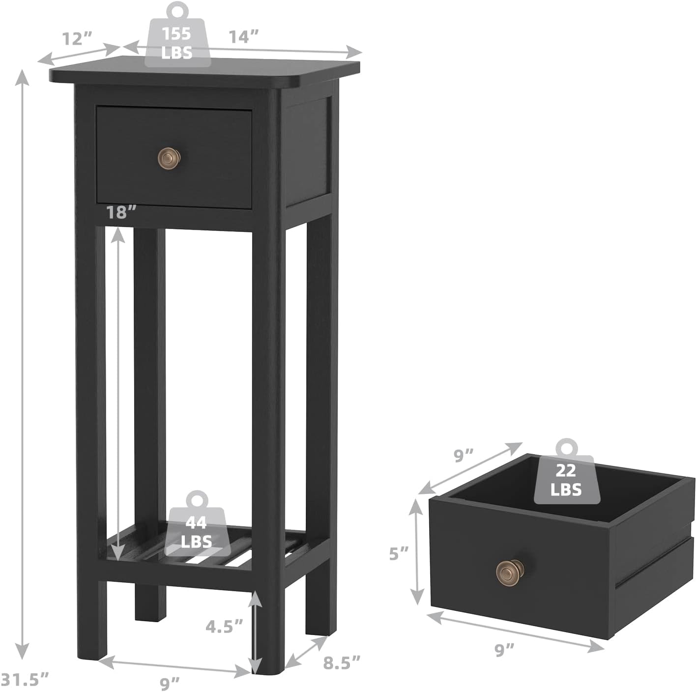 Giantex Tall End Table Set of 2, Narrow Side Table with Drawer and Shelf, Acacia Wood Nightstand for Living Room, 2-Tier Bedside Table for Small Space, No Assembly, Black