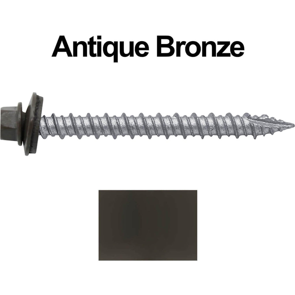 10 x 2 Antique Bronze Metal Roofing Screws - Hex Washer Head- Self-Starting/Tapping - EPDM Washer. 6 X 250 Bags - 1,500 Screws