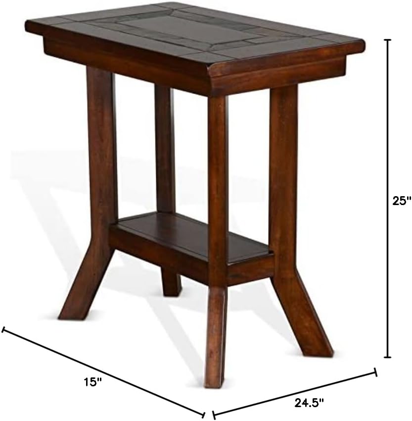 Pemberly Row Chair Side Table, 25 in Height, Distressed Mahogany Wood, Dark Chocolate Finish, Slate Inlay, 1 Shelf, Traditional End Table for Living Room or Bedroom