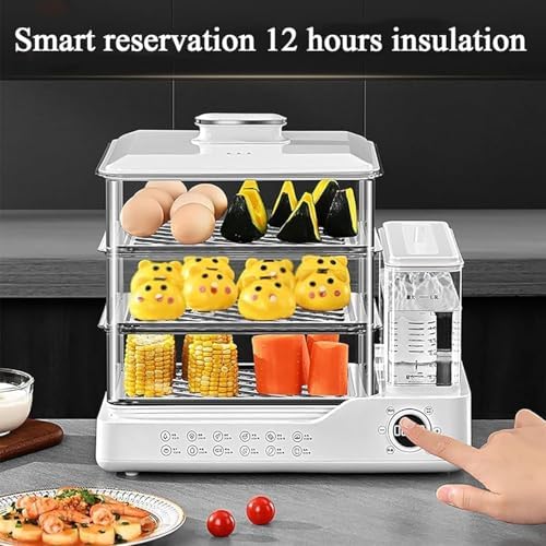 800W Electric Food Steamer - 24L Capacity 3-Tier Vegetable Steamer with Baskets, Touch Screen, Independent Water Tank, 12H Timer, White Kitchen Appliance