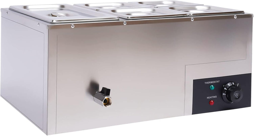 Commercial Bain Marie Food Warmer 5-Pan 600W Electric Countertop Food Warmer 20.2Qt(19L) Large Capacity Stainless Steel Steam Table for Restaurants, Snack Bars, Catering, Buffets
