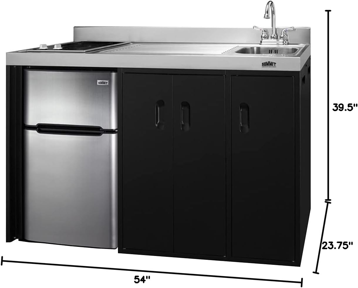 Summit Appliance CK54SINKR 54' Wide All-In-One Kitchenette, Stainless Steel Sink and Faucet, 2-door Refrigerator-freezer, 2-burner Smooth-top Cooktop, Indicator Lights, Storage Compartments