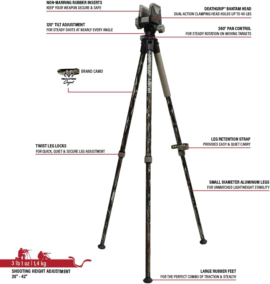 BOG DeathGrip Aluminum Tripod with Durable Frame, Lightweight, Stable Design, Bubble Level, Adjustable Legs, Shooting Rest, and Hands-Free Operation for Hunting, Shooting, and Outdoors