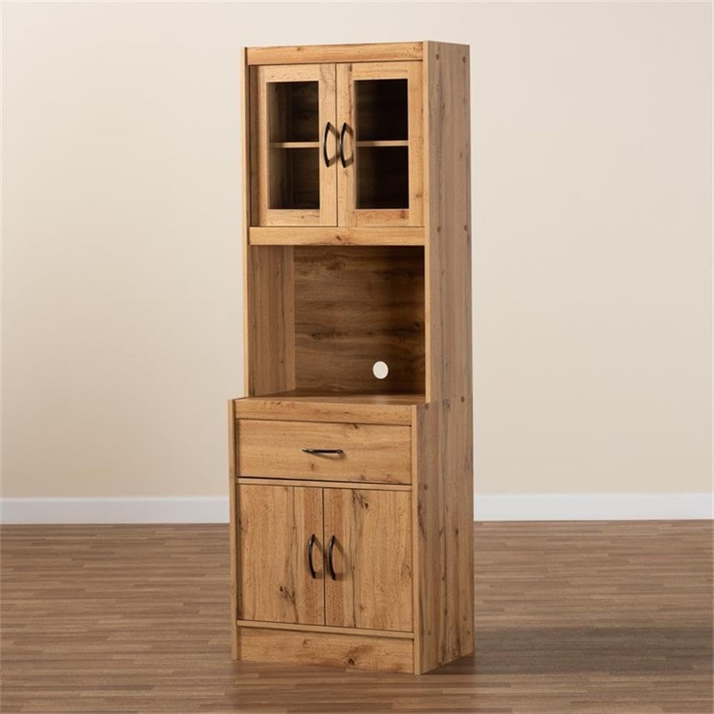 BOWERY HILL Wood Kitchen Cabinet and Hutch, 70.87' H x 23.62' W x 15.75' D, Oak Brown Finish, 4 Shelves, Drawer, Cord Management, Anti-Topple Kit, Modern Style Storage for Kitchen Appliances