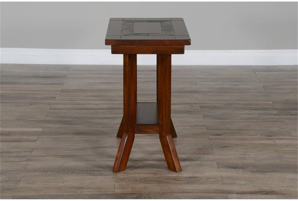 Pemberly Row Chair Side Table, 25 in Height, Distressed Mahogany Wood, Dark Chocolate Finish, Slate Inlay, 1 Shelf, Traditional End Table for Living Room or Bedroom