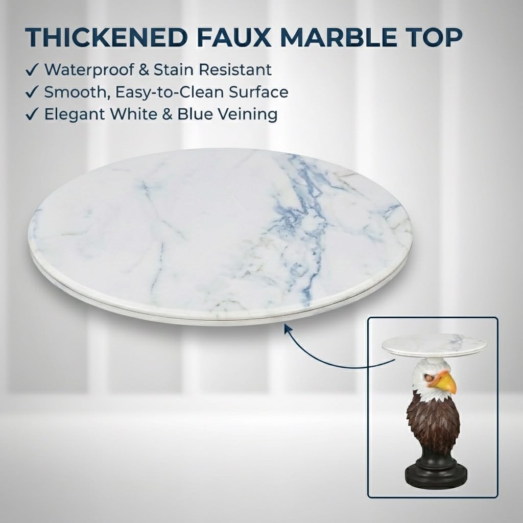 Bald Eagle Sculptural Side Table with Faux Marble Top, 17.72' Round Resin Animal End Table, Unique Eagle Statue Decor for Living Room, Office & Patio, Patriotic Housewarming Gift