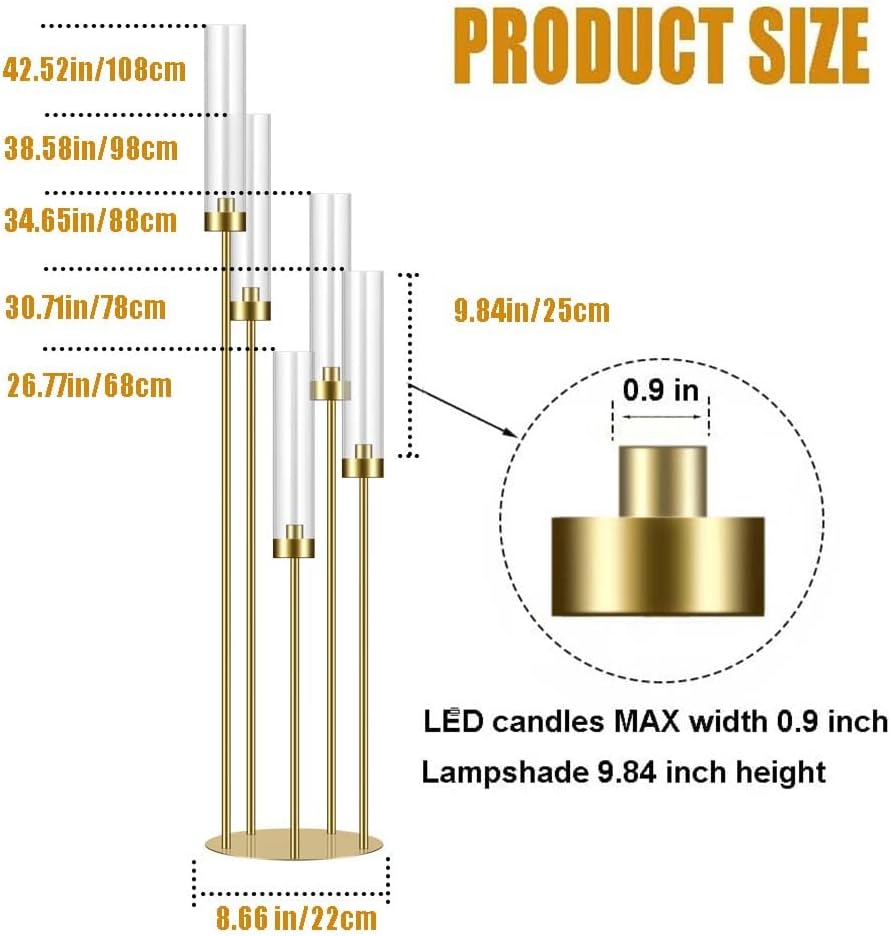 42.5in Gold Candle Holders for Table Centerpiece Candelabra Candlestick Holders Decor Wedding Centerpiece Table Decorations 5 arm Candle Holder Set of 10 Acrylic lampshade Fit 0.9' LED Candle