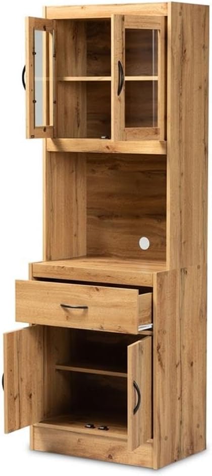 BOWERY HILL Wood Kitchen Cabinet and Hutch, 70.87' H x 23.62' W x 15.75' D, Oak Brown Finish, 4 Shelves, Drawer, Cord Management, Anti-Topple Kit, Modern Style Storage for Kitchen Appliances