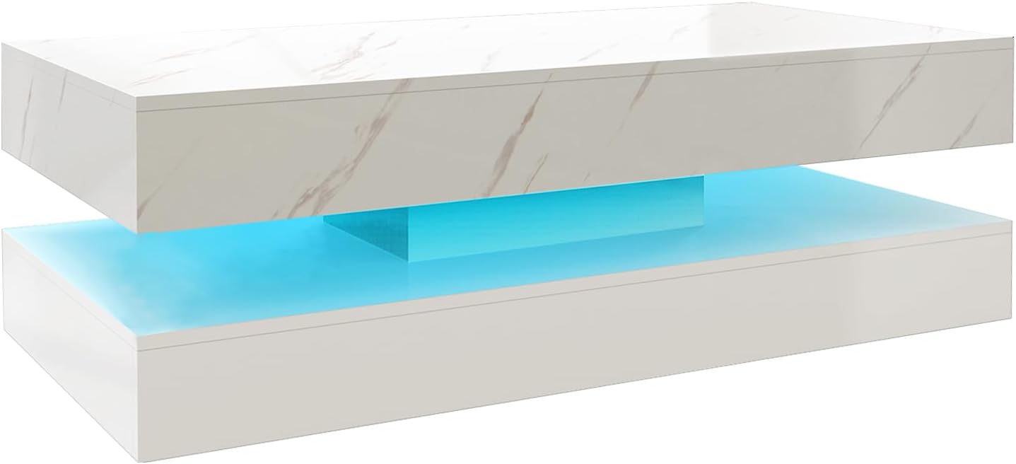 HOMFAMILIA LED Coffee Table with 2 Storage Drawers, Modern High Gloss White Coffee Table w/20 Colors LED Lights, 2 Tiers Rectangle Center Table for Living Room with Marbling Print, APP Control, White