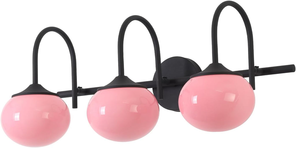 BOKT Black 3-Light Vanity Light Vintage Bathroom Lighting Fixture Over Mirror Industrial Bathroom Vanity Light with Pink Glass Lampshade Modern Long Restroom Light
