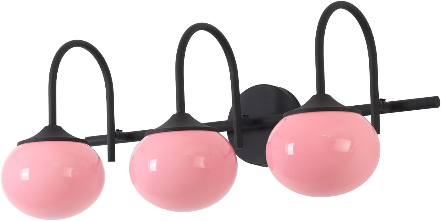 BOKT Black 3-Light Vanity Light Vintage Bathroom Lighting Fixture Over Mirror Industrial Bathroom Vanity Light with Pink Glass Lampshade Modern Long Restroom Light