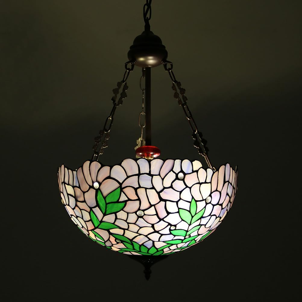 Blue Purple Stained Glass Lampshade Replacement, Tiffany Style Vintage Pastoral Green Leaves White Beads Shade for Table Lamp, Ceiling Pendant Light, Chandelier, Floor Lamp,Purple,16inch