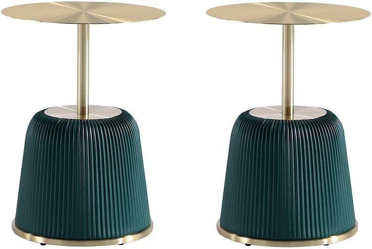 Manhattan Comfort Anderson Modern 15.75' Round End Tables 1.0 - Elegant Leatherette Upholstered Base with Pleated Design & Gold Steel Tabletop, Fully Assembled Accent Furniture, Set of 2, Green