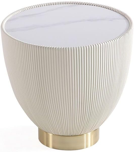 Manhattan Comfort Anderson Modern 18' Round End Table 2.0 | Ceramic Marble Tabletop, Elegant Pleated Leatherette Design & Gold Stainless Steel Base, Fully Assembled Accent Furniture, Set of 1, Cream