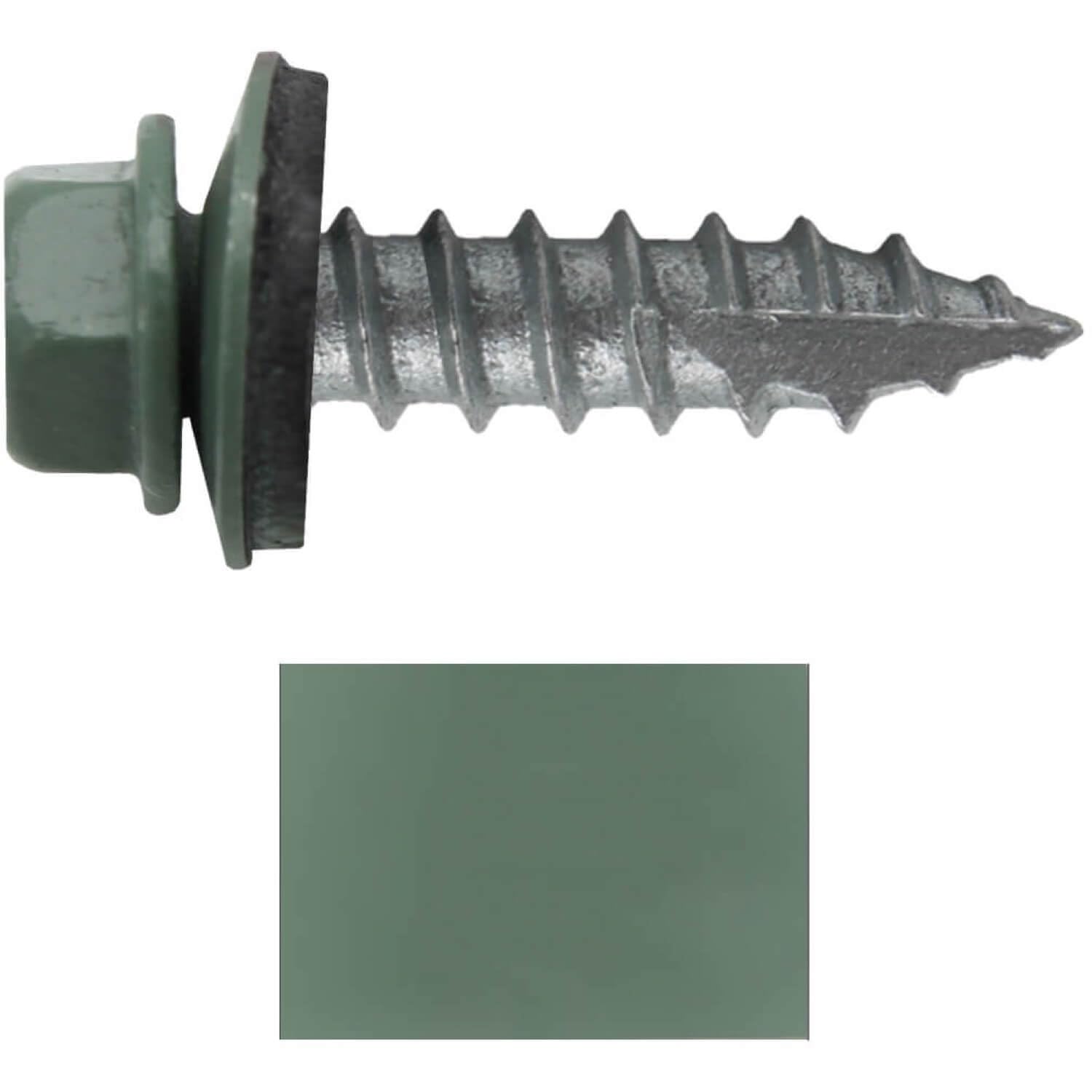 14 x 1 Hemlock Green Metal Roofing Screws - Hex Washer Head- Self-Starting/Tapping - EPDM Washer. 4 X 250 Bags - 1,000 Screws
