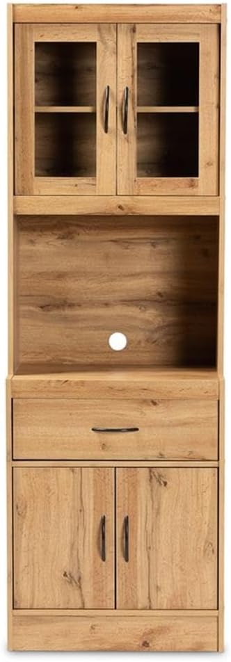 BOWERY HILL Wood Kitchen Cabinet and Hutch, 70.87' H x 23.62' W x 15.75' D, Oak Brown Finish, 4 Shelves, Drawer, Cord Management, Anti-Topple Kit, Modern Style Storage for Kitchen Appliances