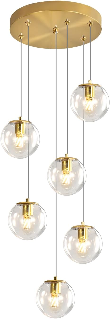 ykolupty 6-Light LED Staircase Modern Glass Globe Pendant Light Gold Chandeliers Large Chandeliers for High Ceilings, Entryway Lighting Fixture Villas and Stairs
