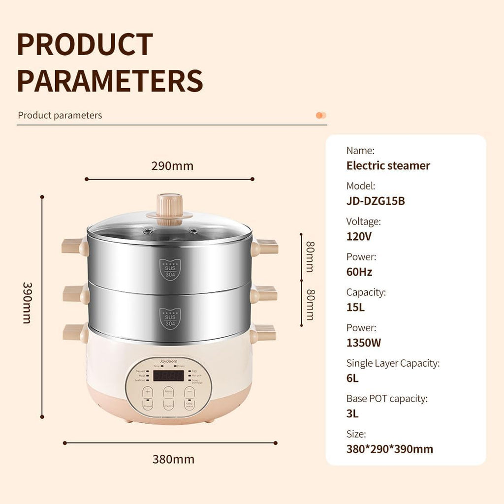 Joydeem Electric Food Steamer for Cooking, 2-Tier Stainless Steel Vegetable & Food Steamers, 15L/15.9 qt Large Capacity, JD-DZG15B