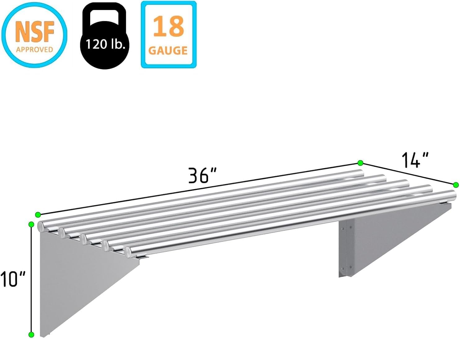 Premium Stainless Steel Tubular Wall Shelf – 14' D x 36' L | NSF Certified | Equipment & Appliance Shelf for Kitchen, Restaurant, Garage, Utility Room